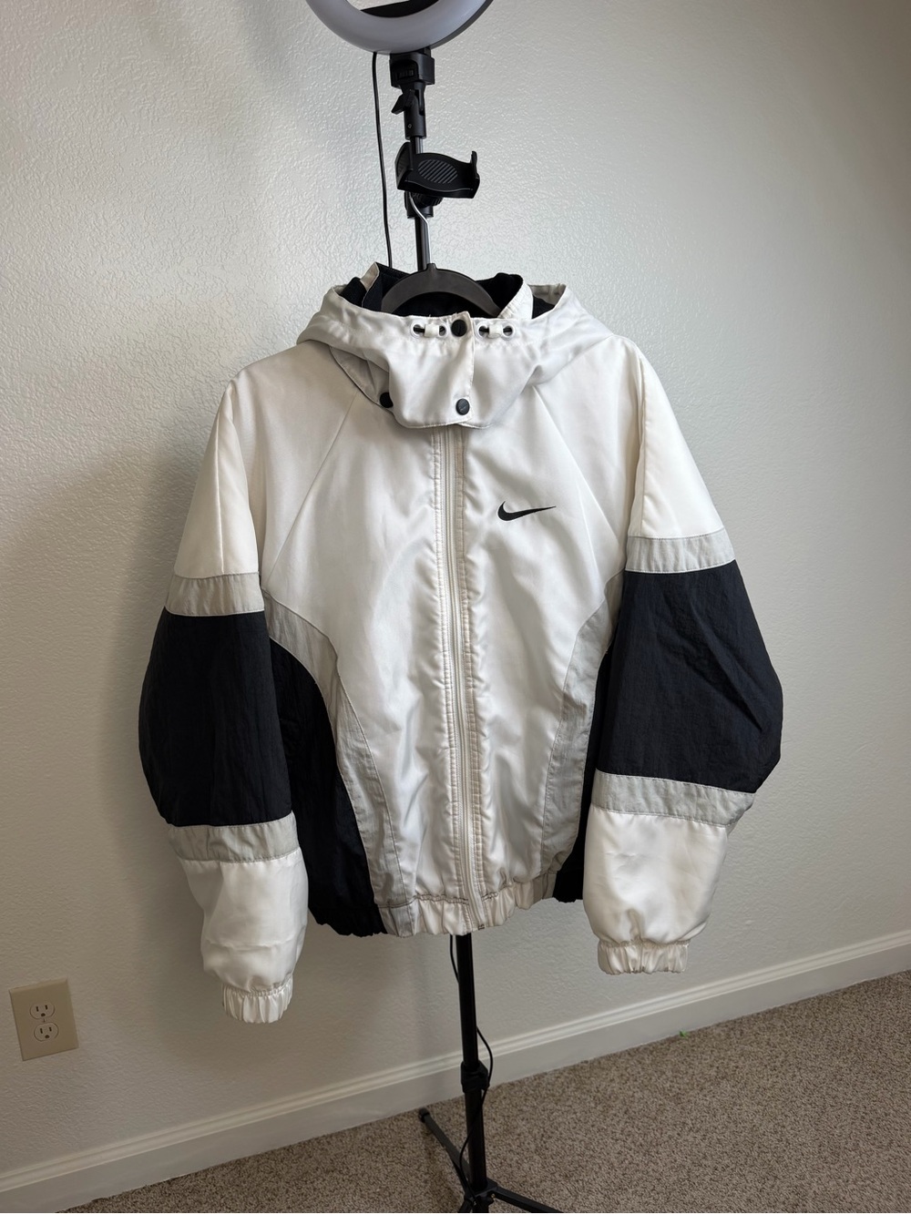 Nike White and Black Bomber Jacket with Hood